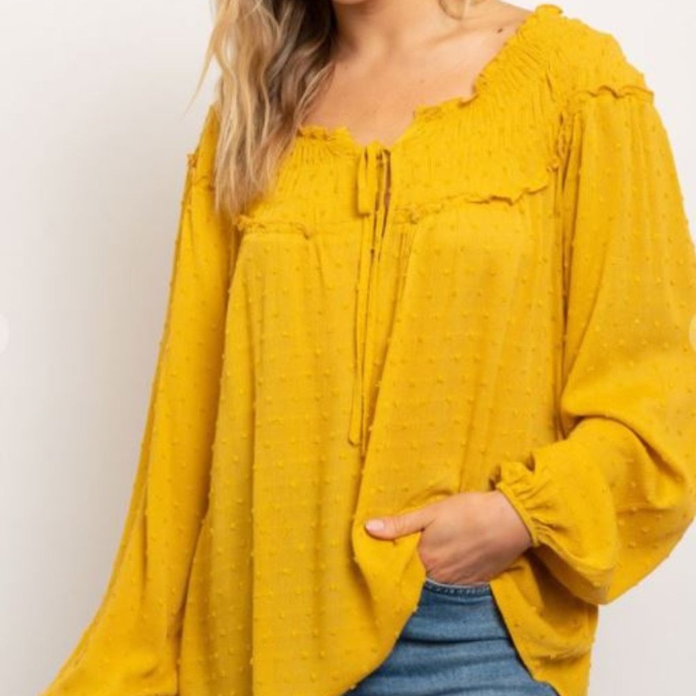 Boutique Mustard Yellow Swiss Dot Smocked Top NWT